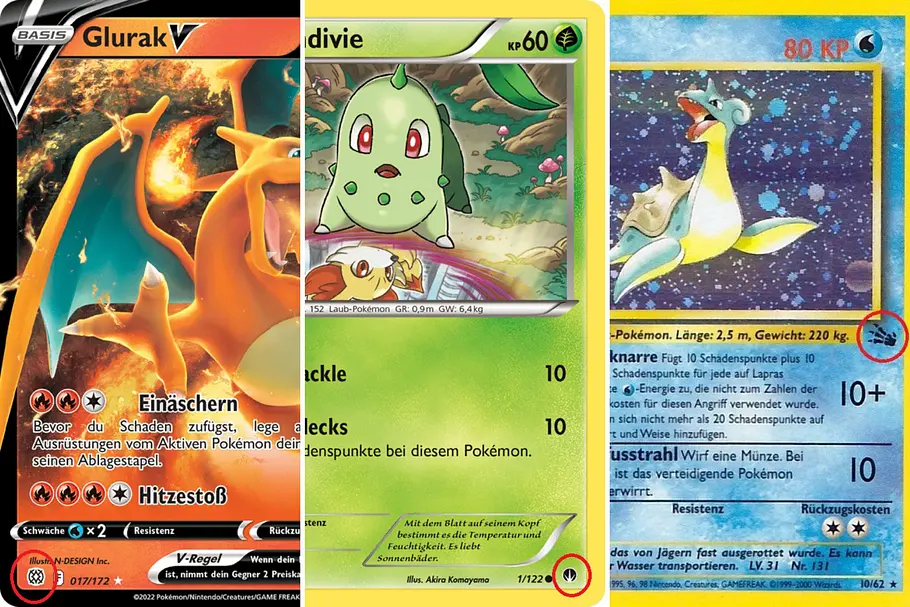 Drei verschiedene Pokémon-Karten: Glurak, Endivie und Lapras