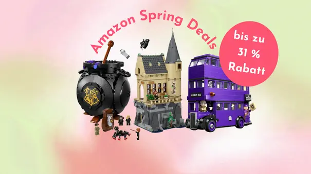Drei Lego-Harry-Potter-Sets vor Amazon Frühlingsangebote-Collage von Wunderweib samt Rabatt-Logo - Foto: Wunderweib / Canva