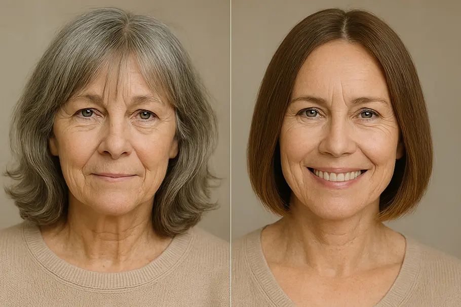 Anti-Aging-Frisur: Razor Bob Vorher-Nachher-Bild einer Frau über 50 - ein Razor Bob mit einer braunen Haartönung lässt das Gesicht viel jünger wirken.
