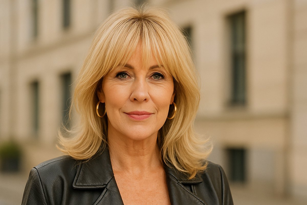 Anti-Aging-Frisuren: Stufenschnitt mit Pony Frau über 50 mit natürlichem Look und einem blonden Stufenschnitt mit Pony.