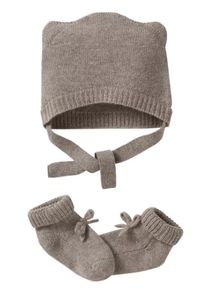 Baby-Set aus Wolle & Kaschmir, Mütze und Schühchen beige meliert