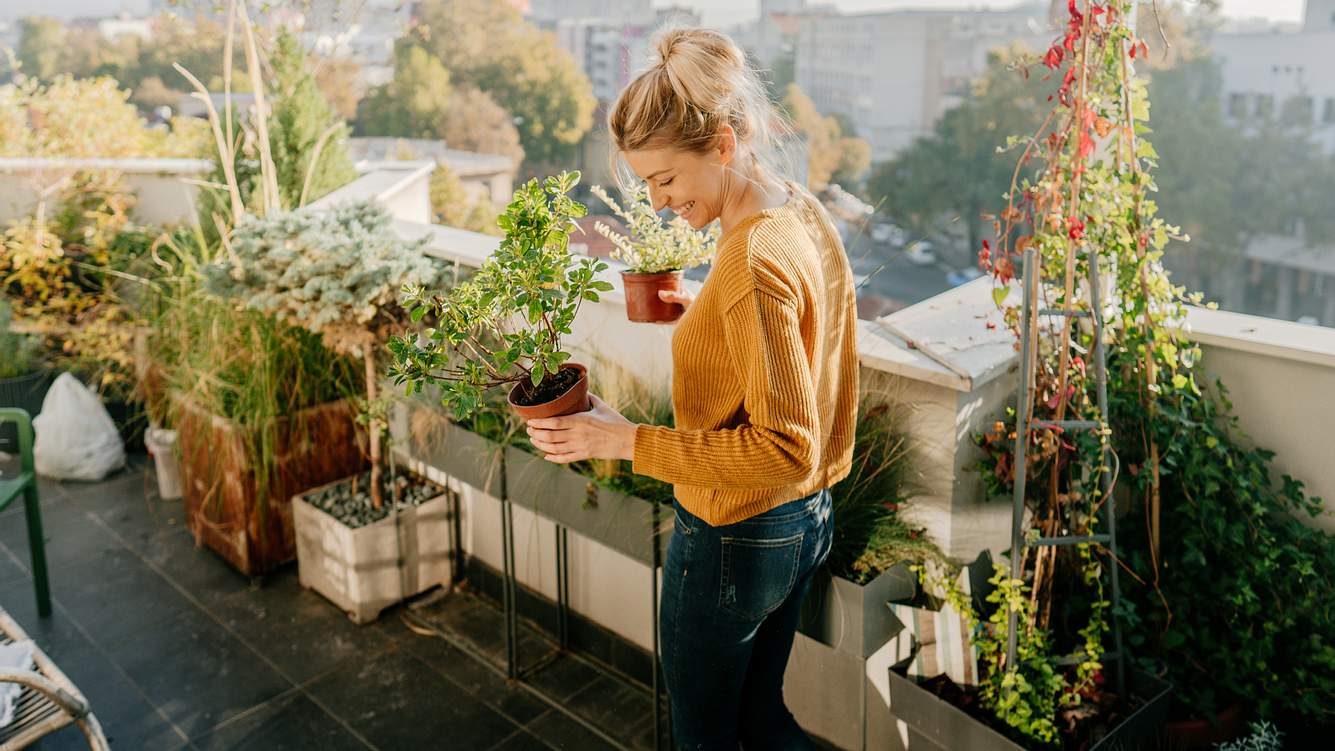 Frau mit Pflanzen auf Balkon