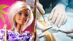 Collage aus Barbie Puppe und Nahaufnahme von OP, Hände in Handschuhen mit Skalpellen beginnen die Operation. - Foto: Collage: Wunderweib Redaktion, IMAGO / Panthermedia, mediaphotos / iStock