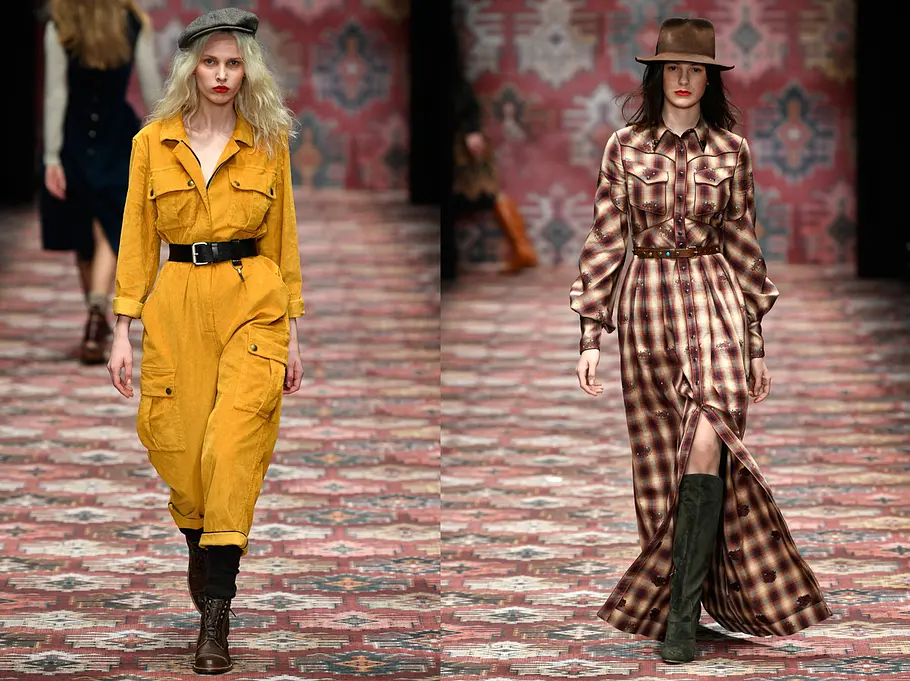Boilersuits und Western-Dresses bei Lena Hoschek Die Österreicherin Lena Hoschek zeigt auf der Berliner Fashion Week eine kontrastreiche Kollektion.
