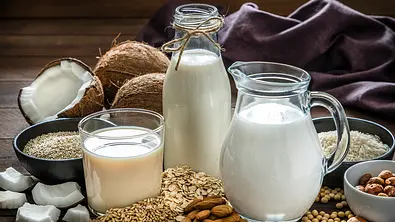 Drei Kannen mir Pflanzendrinks stehen neben angehäuftem Getreide und Nüssen. - Foto: iStock / carlosgaw Drei Kannen mir Pflanzendrinks stehen neben angehäuftem Getreide und Nüssen. - Foto: iStock / carlosgaw