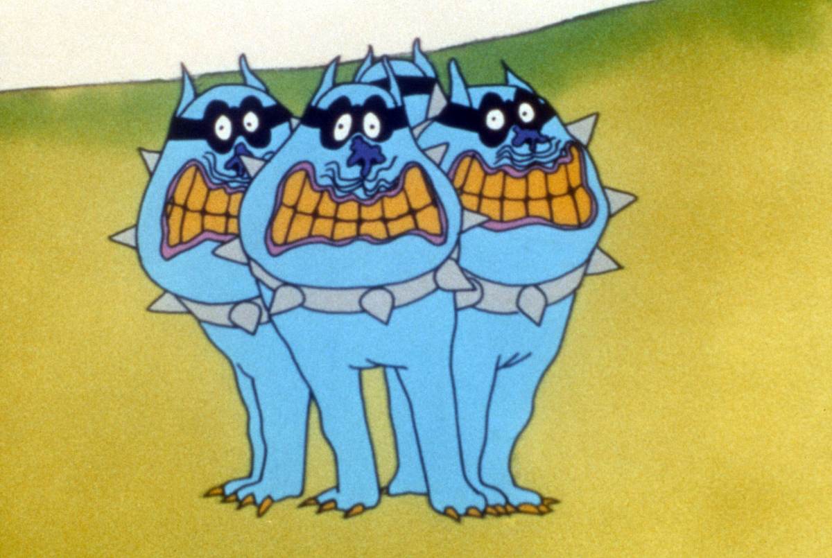Blaue Monster in Yellow Submarine Blaue miesepetrige Fabelwesen im Yellow Submarine-Cartoon.