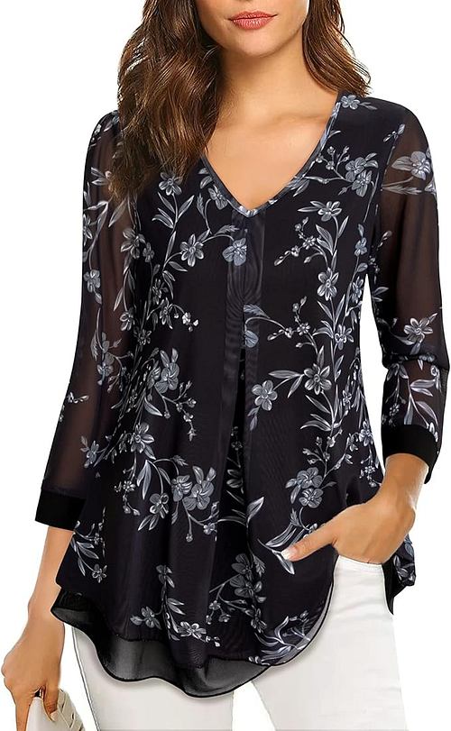 Gaharu Damen Bluse 3/4 Arm Blumen Tunika Shirt Elegant Doppellagig V-Ausschnitt Mesh Locker Longshirt