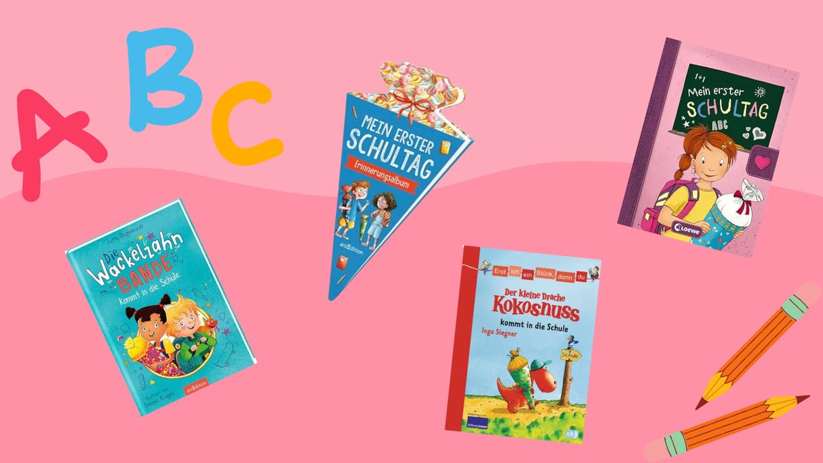 Collage mit Büchern zur Einschulung für Jungen und Mädchen im Vorschulalter