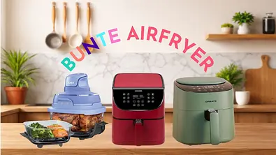 Bunte Airfryer auf einer Küchenanrichte. - Foto: Wunderweib @ Bauer Media Group/PR