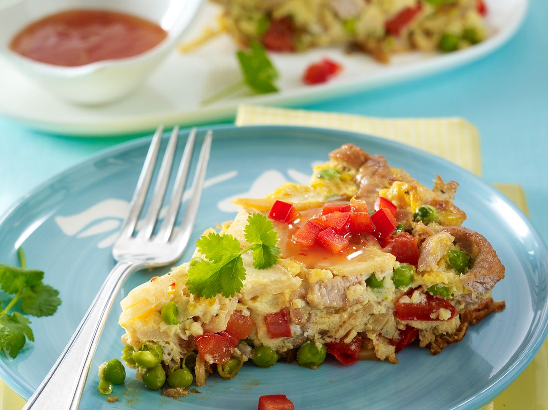 Chinesisches Low Carb Omelette mit Schnitzelstreifen Chinesisches Low Carb Omelette mit Schnitzelstreifen