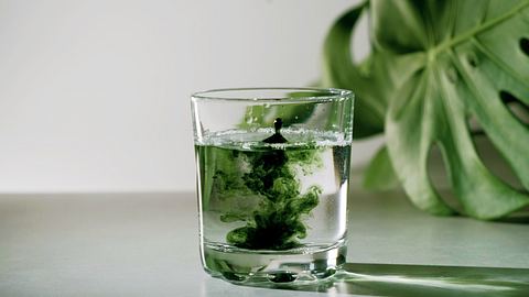 Glas mit Wasser und Chlorophyll-Tropfen - Foto: iStock/AVRORRA