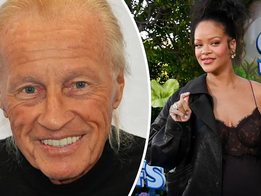 Christian Anders erhebt Vorwürfe gegen Rihanna Eine Bildcollage zeigt links das Porträt eines älteren Mannes mit langen, hellen Haaren und freundlichem Lächeln, rechts eine bekannte Sängerin bei einem Event in schwarzem Outfit und Lederjacke, die in die Kamera lächelt.