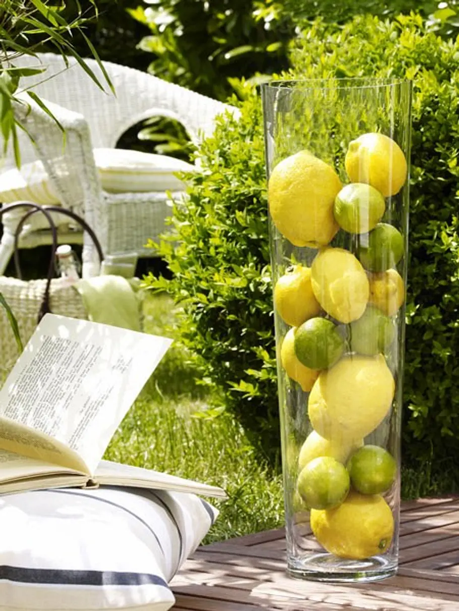 <p/><p><h2>DIY-Deko-Ideen mit Zitrone: Erfrischung fürs Auge</h2></p><p>In einer hohen Vase tummeln sich zahlreich frische Zitronen und Limetten. Vor allem auf der Terrasse oder im <b> <a href=/artikel/3055252/ansicht.html>Garten</a> </b> macht sich die deko ideen zitrone