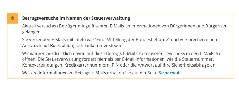 Eine Warnung aus dem Elster Portal