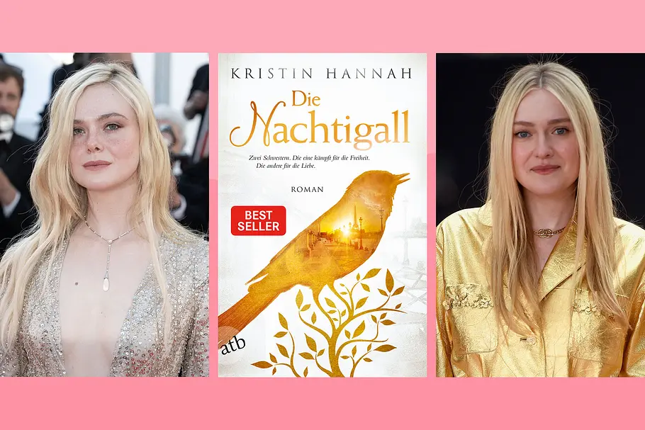 Elle und Dakota Fanning spielen in Die Nachtigall mit Elle Fanning, Buchcover von Die Nachtigall und Dakota Fanning