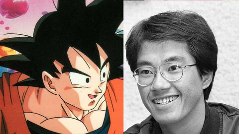 Der Erfinder von Dragon Ball Akira Toriyama und die von ihm gezeichnete Manga-Serie - Foto: Collage aus Image courtesy TOEI ANIMATION CO LTD / Ronald Grant Archive / Mary Evans (l.) & STR/JIJI Press/AFP via Getty Images (r.); Collage: Wunderweib Redaktion