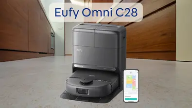 Eufy Omni C28 Saugroboter vor Küchenboden-Stockfoto mit Schriftzug - Foto: TV Movie / Canva / Eufy