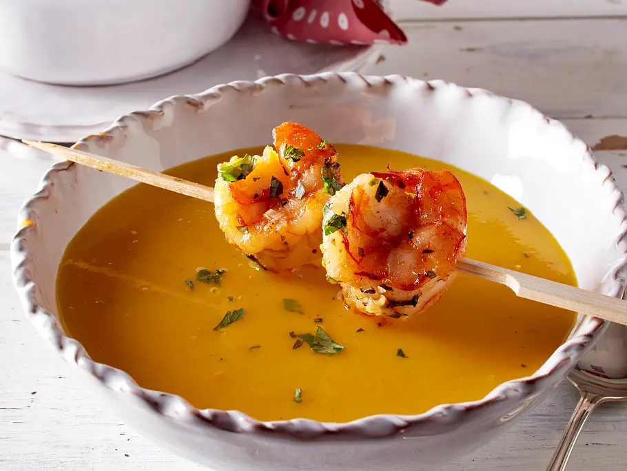 Exotische Kürbissuppe- Kokosmilch trifft Garnele