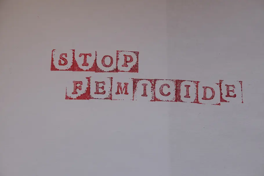 Femizid – Wenn Männer Frauen töten Die Worte Stop Femicide sind in einem Rotton auf gebrochenem weiß unregelmäßig gestempelt.