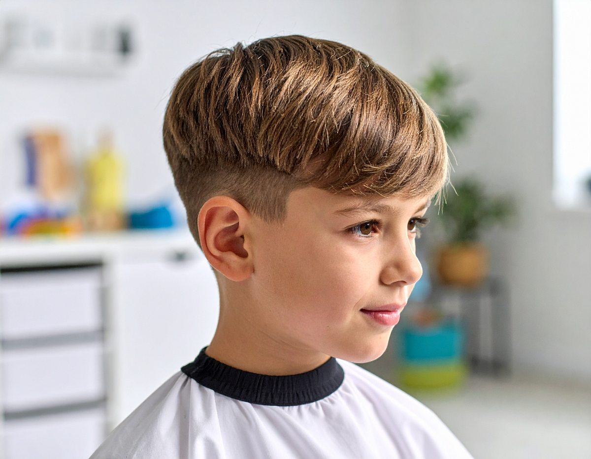 Junge mit angesagtem French Crop Cut: An den Seiten kurz, oben lang mit fransigem Pony