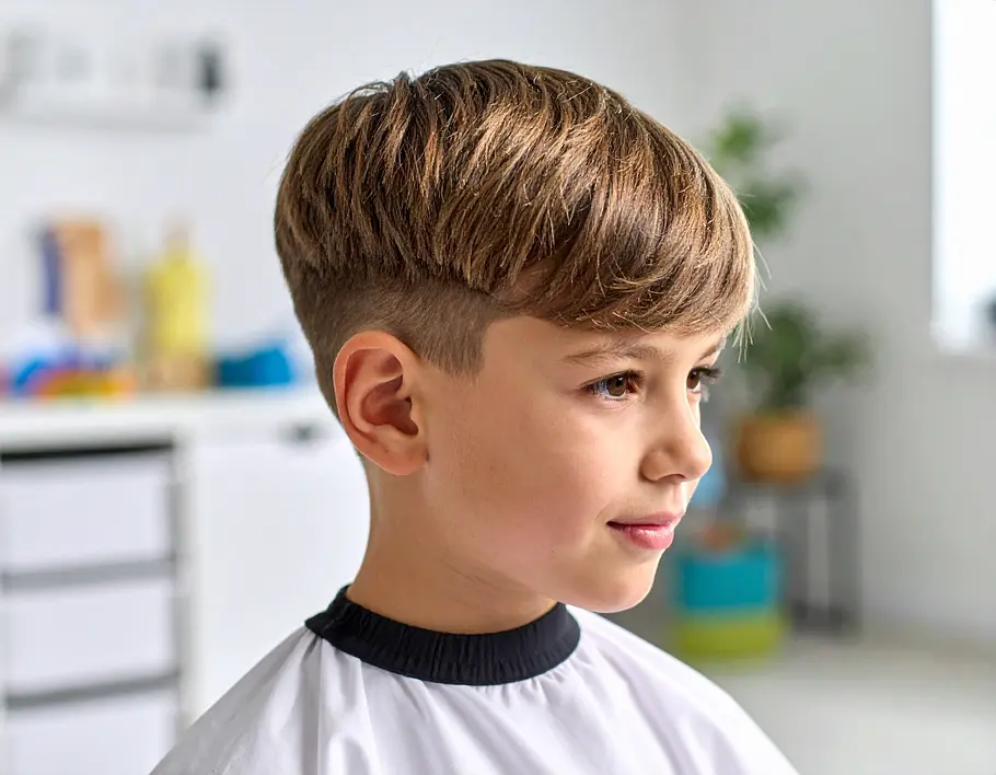 Junge mit angesagtem French Crop Cut: An den Seiten kurz, oben lang mit fransigem Pony