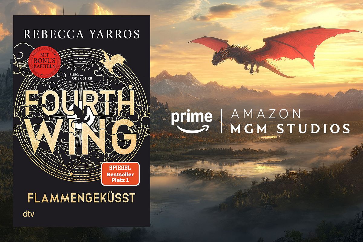 Buchcover von Fourth Wing, Amazon Studio Logo, Drache fliegt im Hintergrund