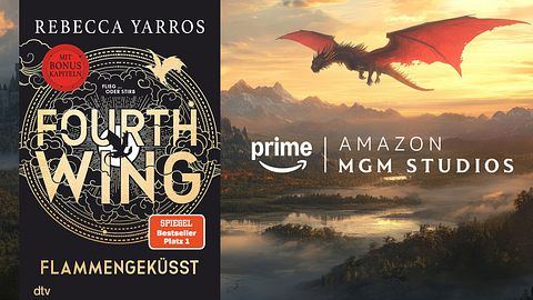 Buchcover von Fourth Wing, Amazon Studio Logo, Drache fliegt im Hintergrund - Foto: dtv; AdobeStock/PuiZera; Amazon Studios (Collage Wunderweib)