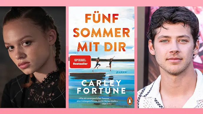 Schauspieler*innen Sadie Soverall und Matt Cornett sowie Buchcover von „Fünf Sommer mit dir“. - Foto: Jonathan Hession/NETFLIX; Penguin Random House; IMAGO / ABACAPRESS Schauspieler*innen Sadie Soverall und Matt Cornett sowie Buchcover von „Fünf Sommer mit dir“. - Foto: Jonathan Hession/NETFLIX; Penguin Random House; IMAGO / ABACAPRESS