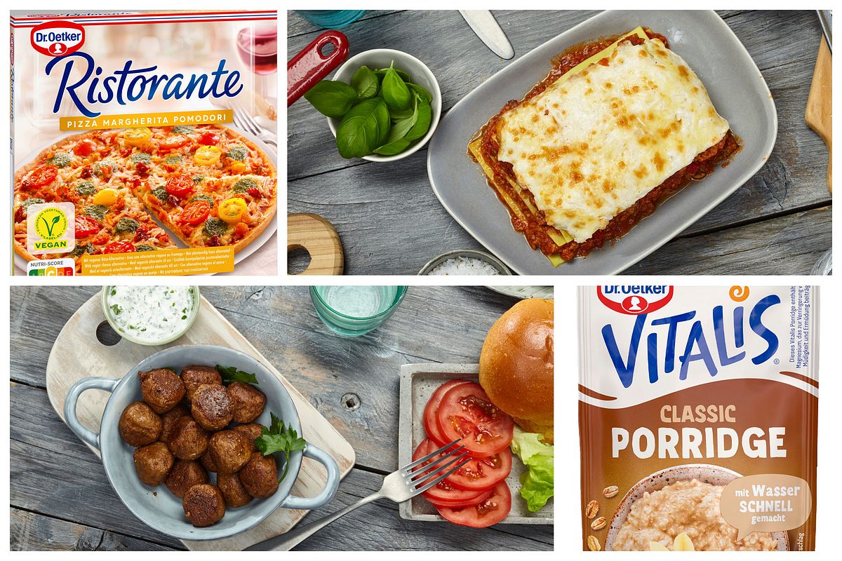 Collage gesunde Fertiggerichte: Ristorante Pizza, Iglo vegane Lasagnde, Iglo vegane Hackbällchen, Vitalis Classic Porridge