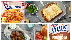 Collage gesunde Fertiggerichte: Ristorante Pizza, Iglo vegane Lasagnde, Iglo vegane Hackbällchen, Vitalis Classic Porridge - Foto: (von links oben nach rechts unten) Dr. August Oetker Nahrungsmittel KG/iglo/iglo/Dr. August Oetker Nahrungsmittel KG/Collage: Redaktion Wunderweib