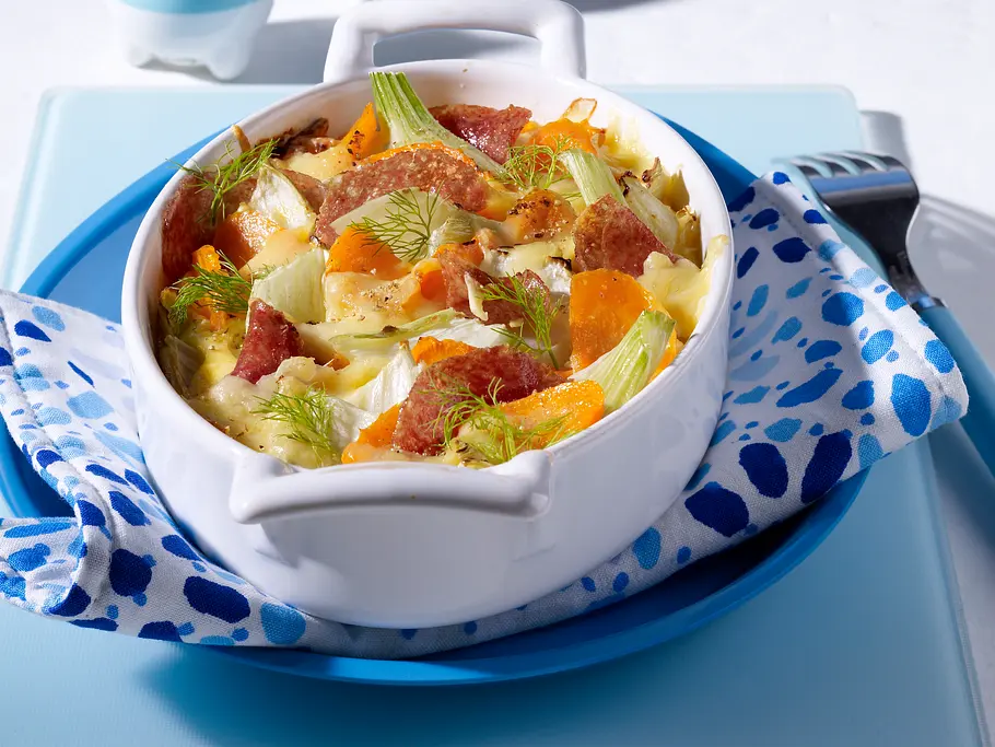 GLYX Diät Rezept: Fenchel-Gratin mit Möhren und Salami GLYX Diät Rezept: Fenchel-Gratin mit Möhren und Salami
