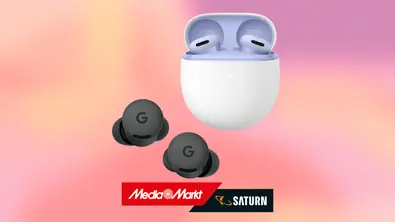 Google Pixel Buds 2a vor buntem Hintergrund und über MMS-Logo - Foto: Wunderweib