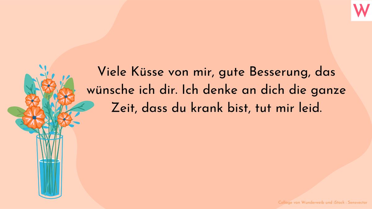 Viele Küsse von mir, gute Besserung, das wünsche ich dir. Ich denke an dich die ganze Zeit, dass du krank bist, tut mir leid.