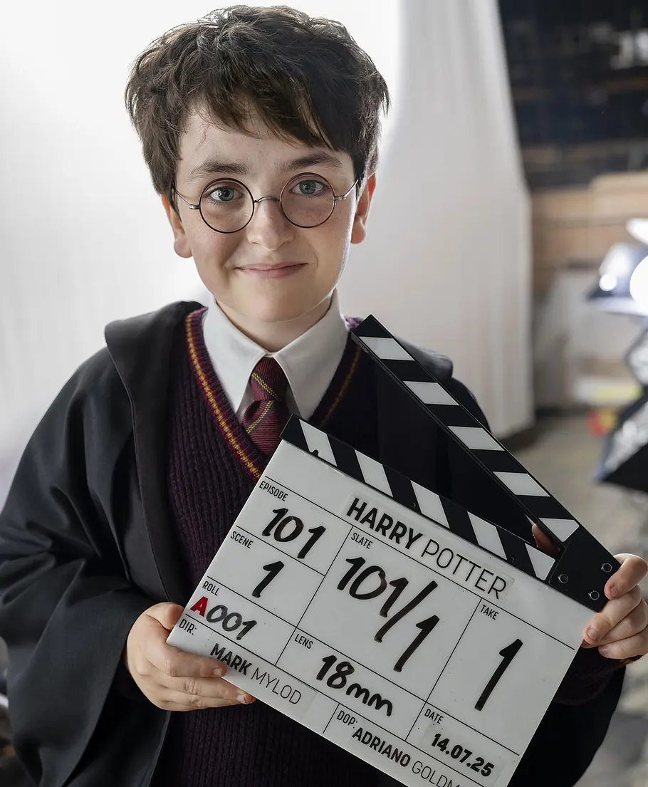Dominic McLaughlin als Harry Potter. Schauspieler Dominic McLaughlin als Harry Potter hält die Drehklappe für die erste Folge der Harry Potter-Serie.