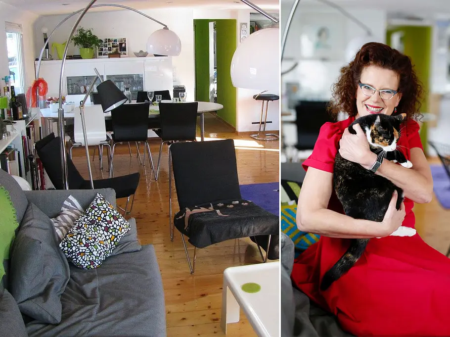 So schaut Hausboot Lotte von innen aus. Rechts daneben die glücklichen Bewohner: Nicola Eisenschink und Katze Lotte.
