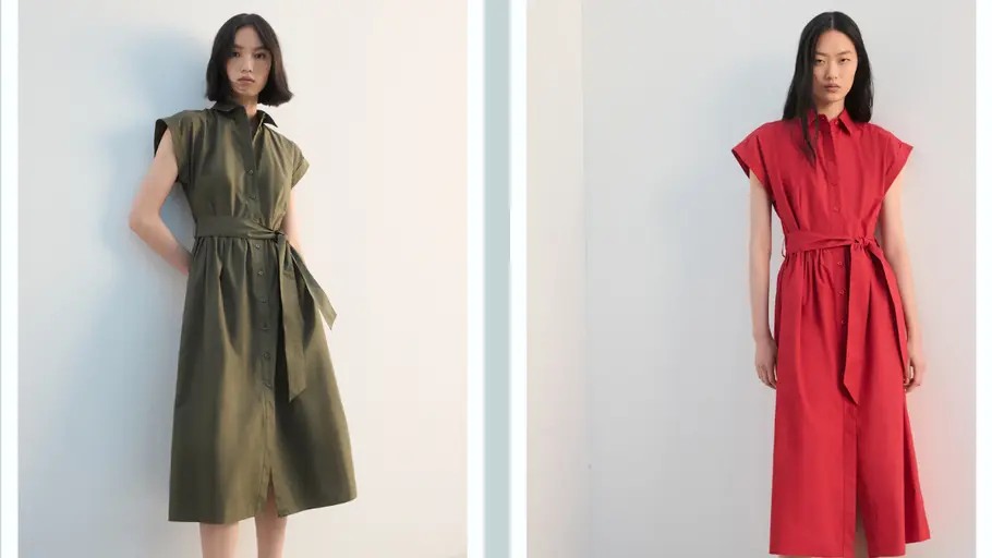 Das Hemdkleid mit Gürtel von Mango getragen, in Khaki und Rot