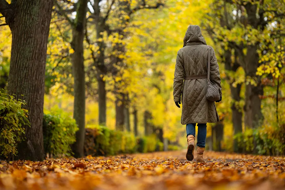 Herbst-Prognose 2026 Frau grünen Mantel an einem kalten Regentag im Herbst im Park