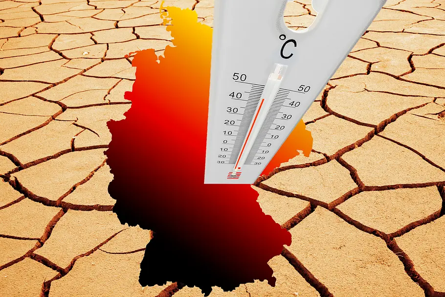 Hitzewelle: Bis 40 Grad! Hier wird es am schlimmsten Thermometer mit Temperaturanzeige auf 40 Grad bei Hitze mit Deutschlandkarte.