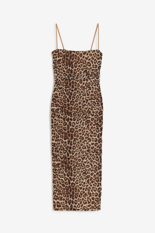 Good American Ruched Leopard Print Mesh Midi