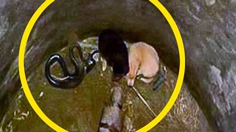 Welpen mit Cobra-Schlange in Brunnen gefallen