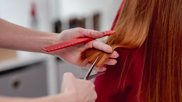 Zwei Hände halten das Ende einer Haarsträhne und Schneiden senkrecht in die Haarenden - Foto: iStock / VYCHEGZHANINA