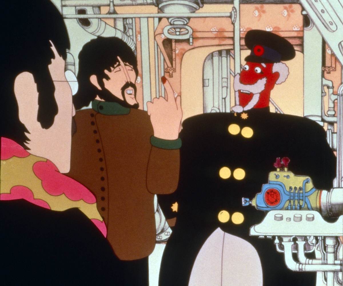 Kapitän Fred George Harrison und John Lennon Cartoon-Film: Kapitän Old Fred bittet George Harrison (M.) und John Lennon (r.) um Hilfe.