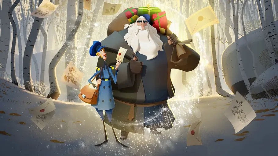 Klaus Weihnachtsfilm Jesper Johansson und der Weihnachtsmann Klaus stehen in einem Wald im Schnee. Klaus ist voll bepackt mit einem Geschenksack. Es fliegen Briefe umher.
