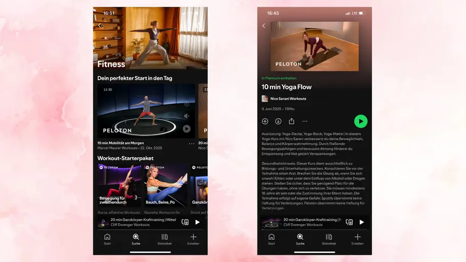 Ein Blick auf die Workouts von Peloton bei Spotify Bilder aus der Spotify App zeigen die Auswahl von Peloton