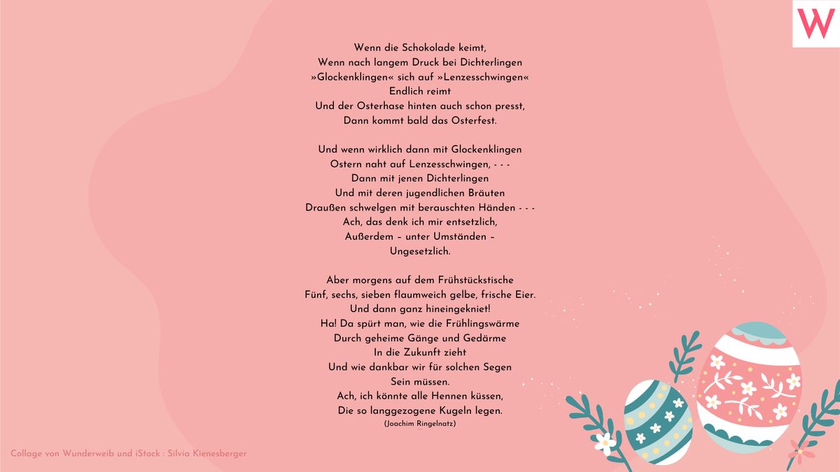 Wenn die Schokolade keimt, Wenn nach langem Druck bei Dichterlingen »Glockenklingen« sich auf »Lenzesschwingen« Endlich reimt Und der Osterhase hinten auch schon presst, Dann kommt bald das Osterfest.  Und wenn wirklich dann mit Glockenklingen Ostern naht auf Lenzesschwingen, - - - Dann mit jenen Dichterlingen Und mit deren jugendlichen Bräuten Draußen schwelgen mit berauschten Händen - - - Ach, das denk ich mir entsetzlich, Außerdem – unter Umständen – Ungesetzlich.  Aber morgens auf dem Frühstückstische Fünf, sechs, sieben flaumweich gelbe, frische Eier. Und dann ganz hineingekniet! Ha! Da spürt man, wie die Frühlingswärme Durch geheime Gänge und Gedärme In die Zukunft zieht Und wie dankbar wir für solchen Segen Sein müssen. Ach, ich könnte alle Hennen küssen, Die so langgezogene Kugeln legen. (Joachim Ringelnatz)