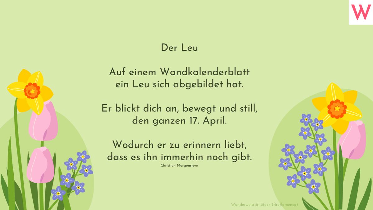 Der Leu - Auf einem Wandkalenderblatt ein Leu sich abgebildet hat.  Er blickt dich an, bewegt und still, den ganzen 17. April.  Wodurch er zu erinnern liebt, dass es ihn immerhin noch gibt. (Christian Morgenstern)