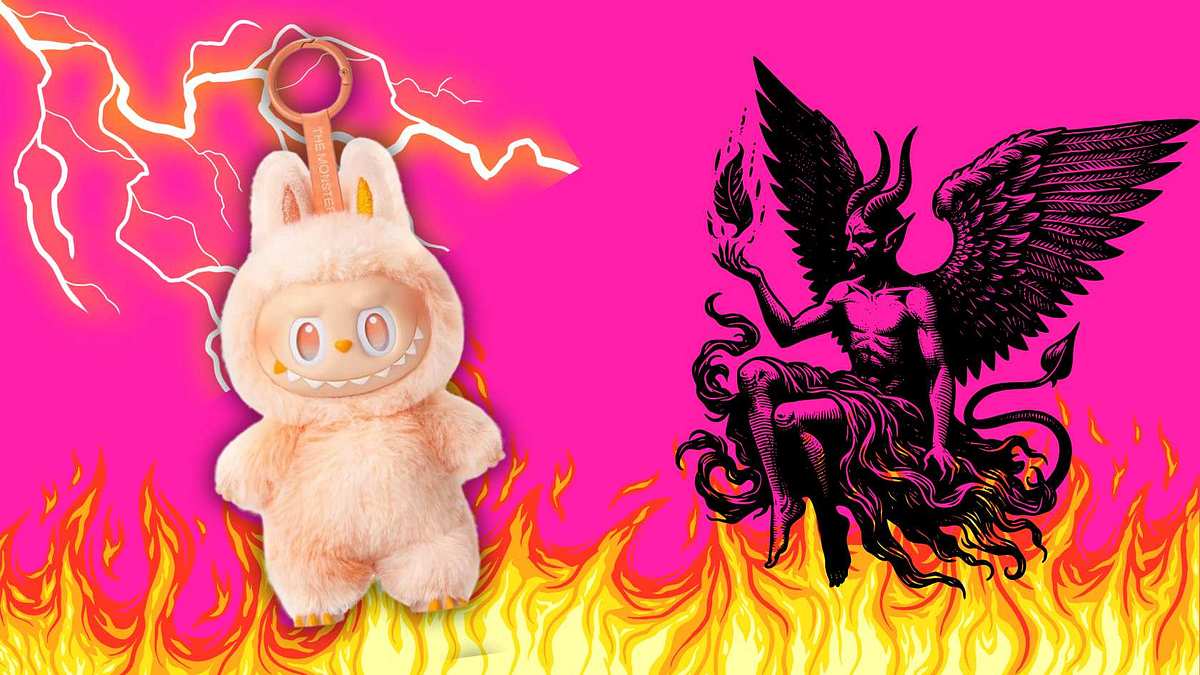 Ein Labubu und ein Dämon in einem Flammenmeer.