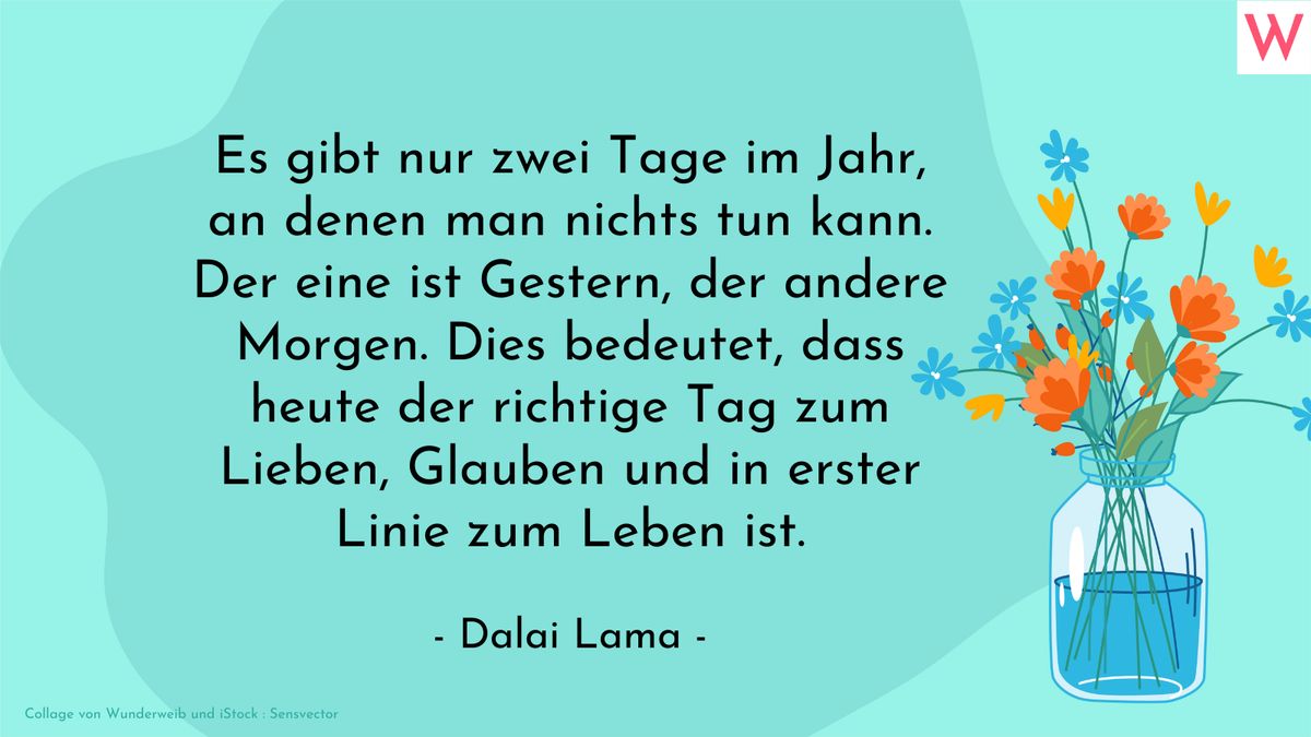 Es gibt nur zwei Tage im Jahr, an denen man nichts tun kann. Der eine ist Gestern, der andere Morgen. Dies bedeutet, dass heute der richtige Tag zum Lieben, Glauben und in erster Linie zum Leben ist. (Dalai Lama)