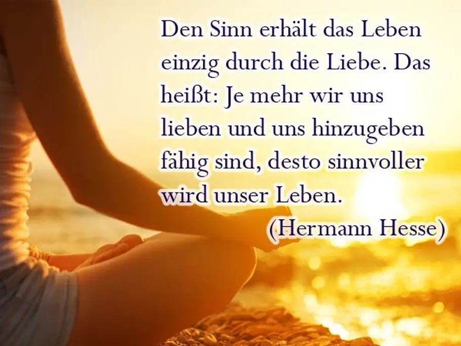 Den Sinn erhält das Leben einzig durch die Liebe. Das heißt: Je mehr wir uns lieben und uns hinzugeben fähig sind, desto sinnvoller wird unser Leben. (Hermann Hesse) Den Sinn erhält das Leben einzig durch die Liebe. Das heißt: Je mehr wir uns lieben und uns hinzugeben fähig sind, desto sinnvoller wird unser Leben. (Hermann Hesse)
