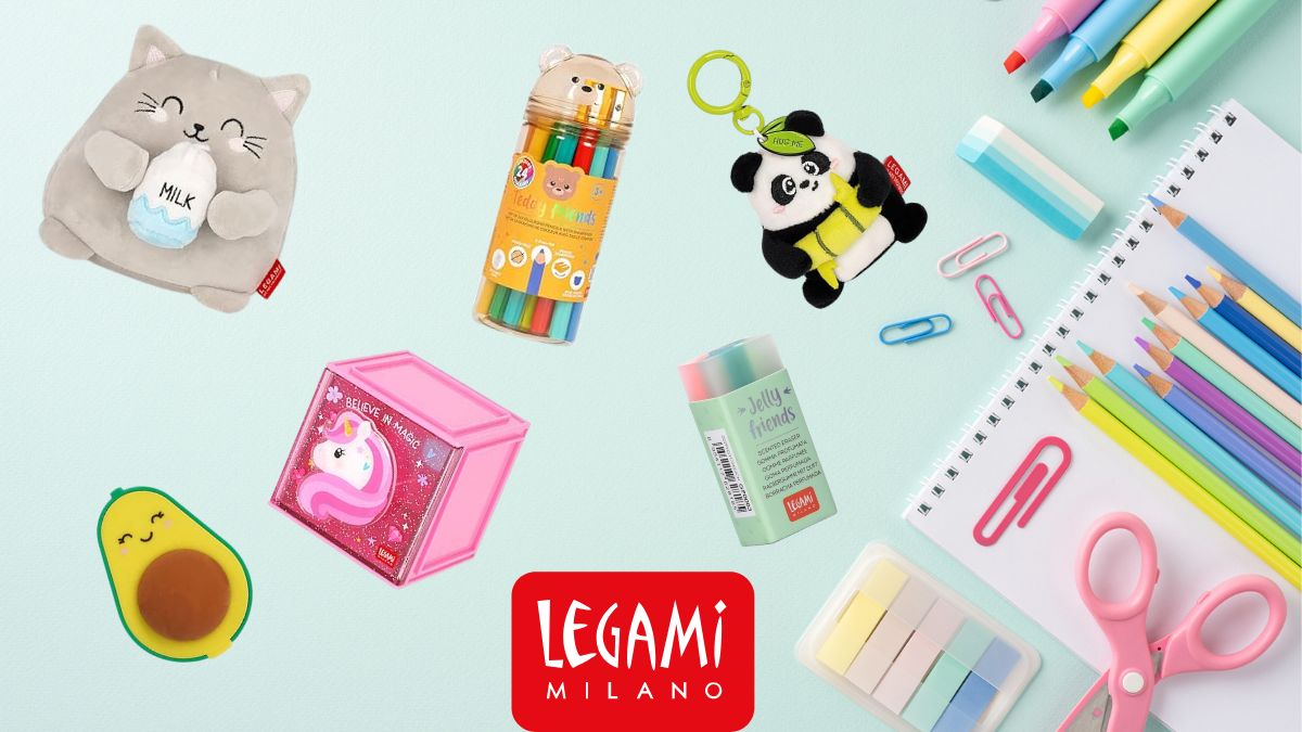 Collage mit bunten Schreibutensilien für Grundschulkinder der Marke Legami
